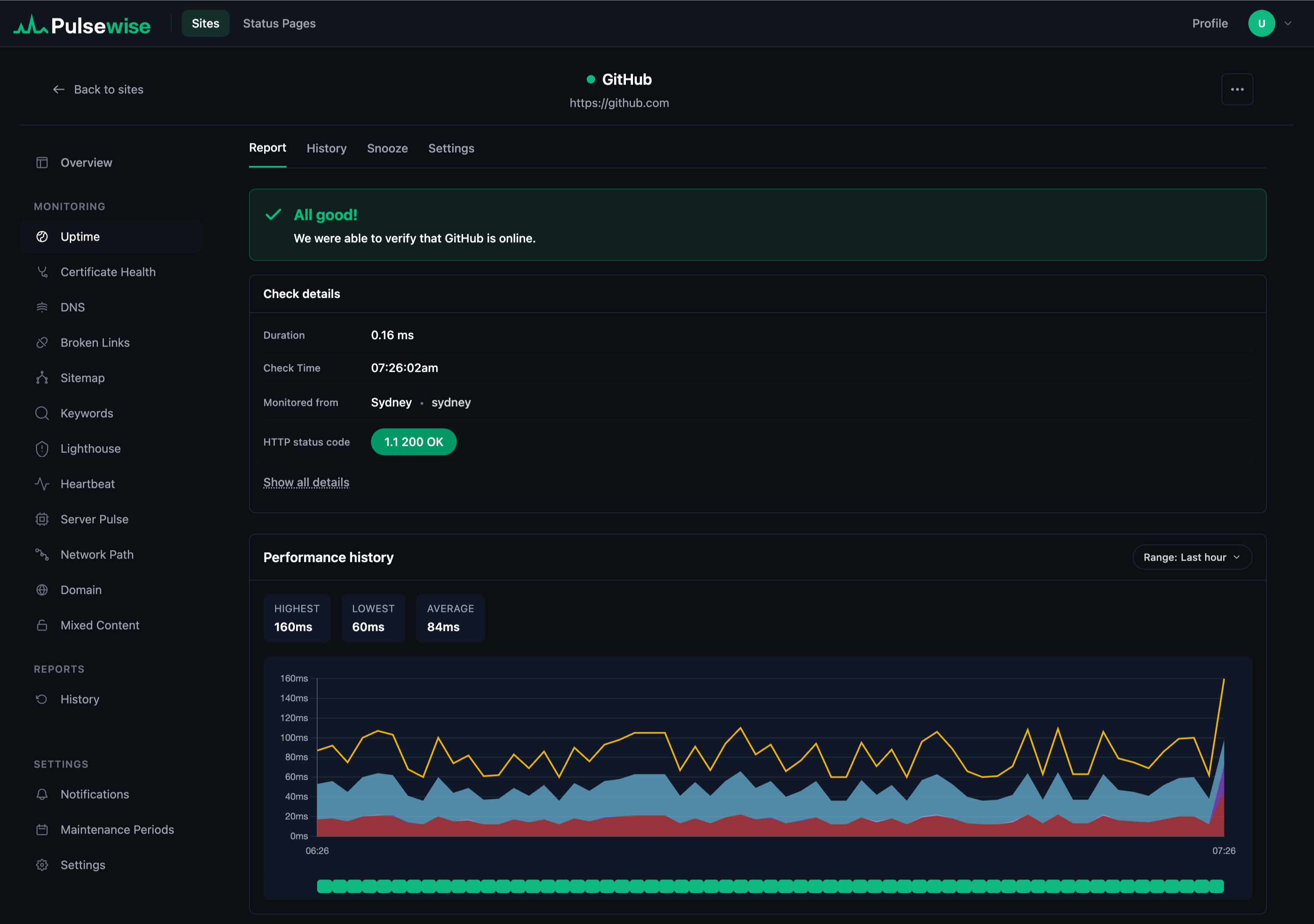 Pulsewise uptime monitoring detail